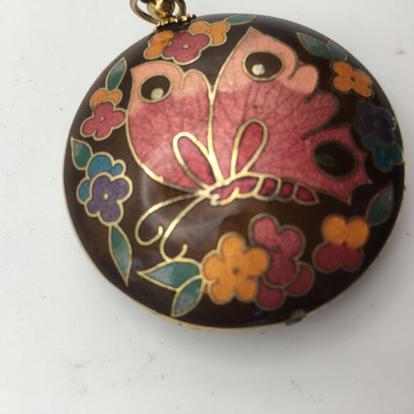 Cloisonne Butterfly Pendant Necklace Black Pink Enamel Puff Double Sided Flowers - Picture 3 of 14